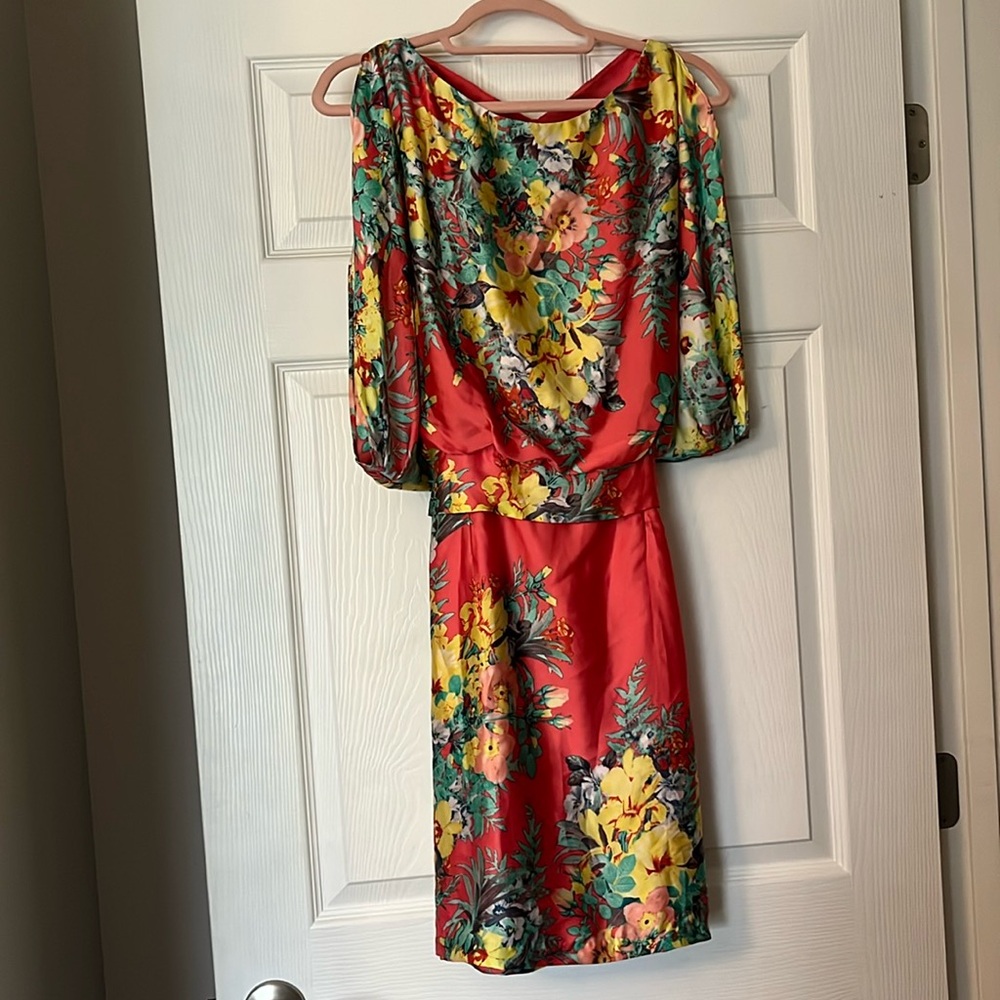 Bisou Bisou Michele Bohbot Peach Multi Floral Keyhole Sash Tie ZipUp Dress Sz 16